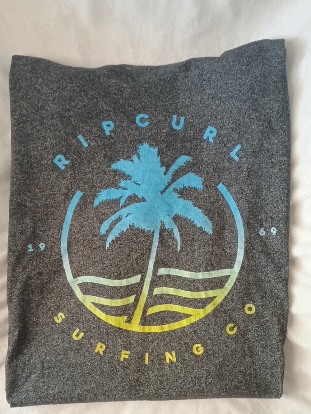 Rip Curl Heather Gray Tee with Blue and Yellow Palm Graphic